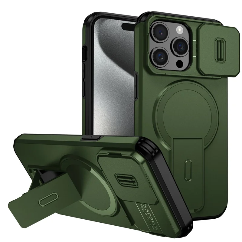 For iPhone 15 Pro Case Kickstand Camera Slider PC + TPU Phone Cover Compatible with MagSafe - Green