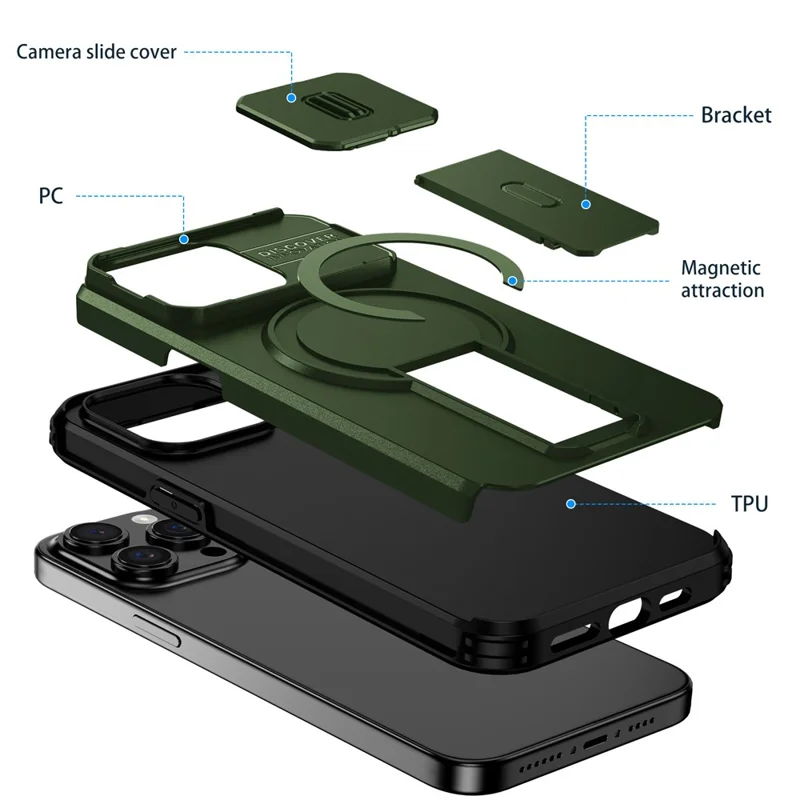 For iPhone 15 Pro Case Kickstand Camera Slider PC + TPU Phone Cover Compatible with MagSafe - Green