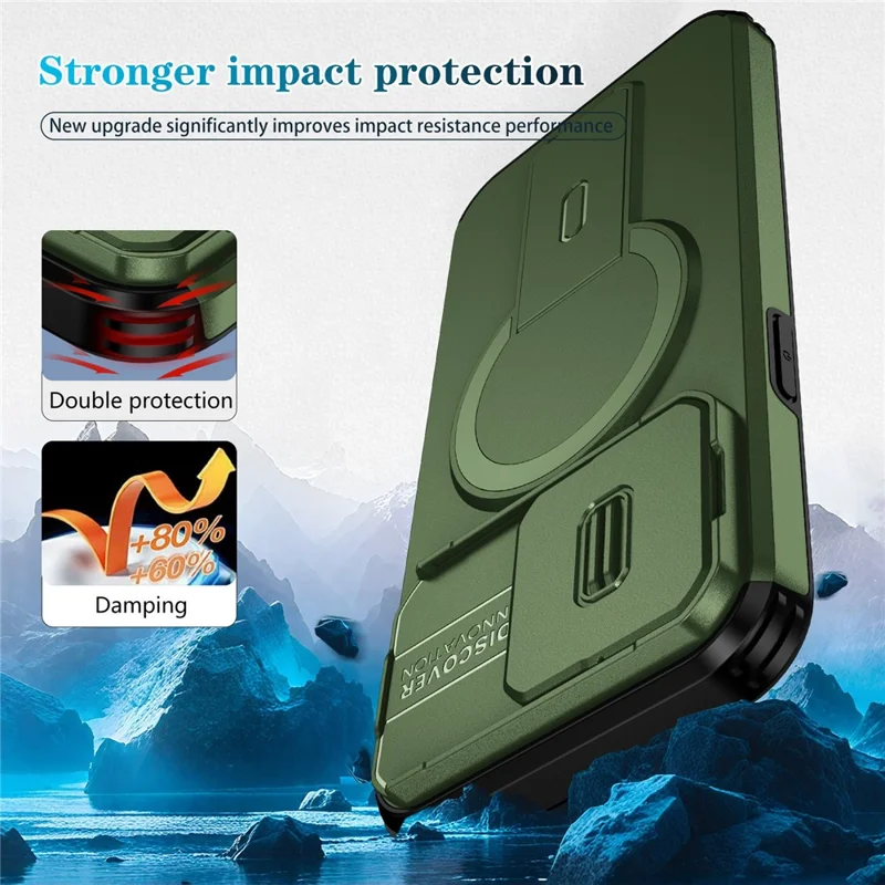 For iPhone 15 Pro Case Kickstand Camera Slider PC + TPU Phone Cover Compatible with MagSafe - Green