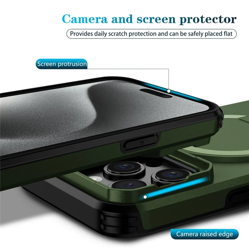 For iPhone 15 Pro Case Kickstand Camera Slider PC + TPU Phone Cover Compatible with MagSafe - Green