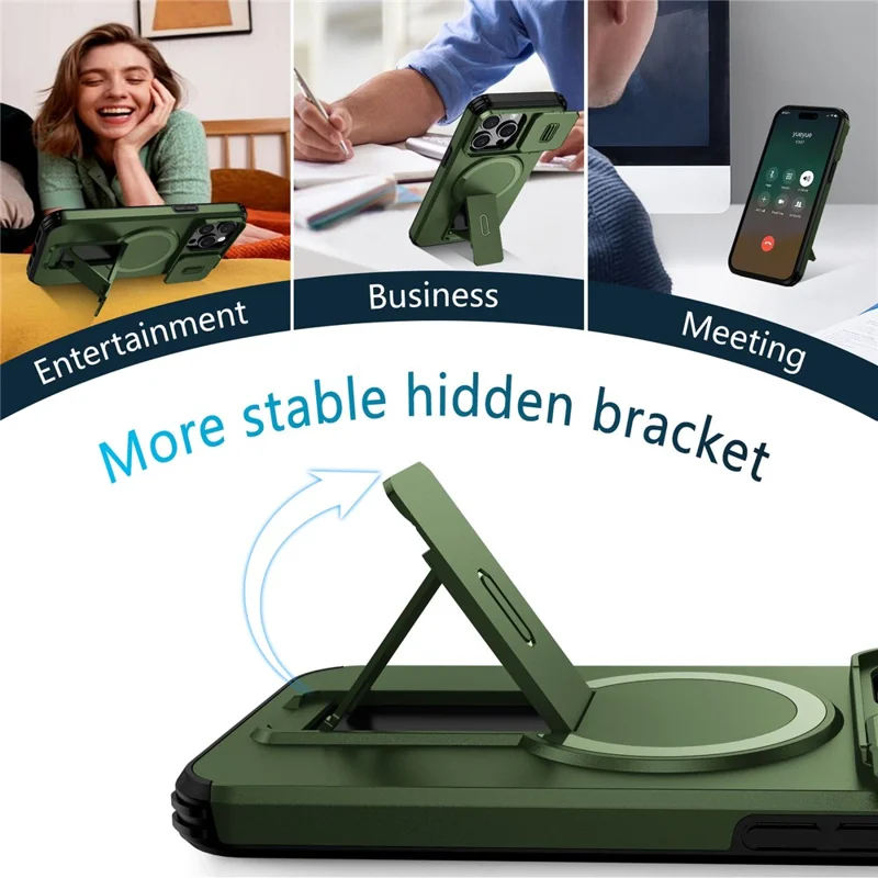 For iPhone 15 Pro Case Kickstand Camera Slider PC + TPU Phone Cover Compatible with MagSafe - Green