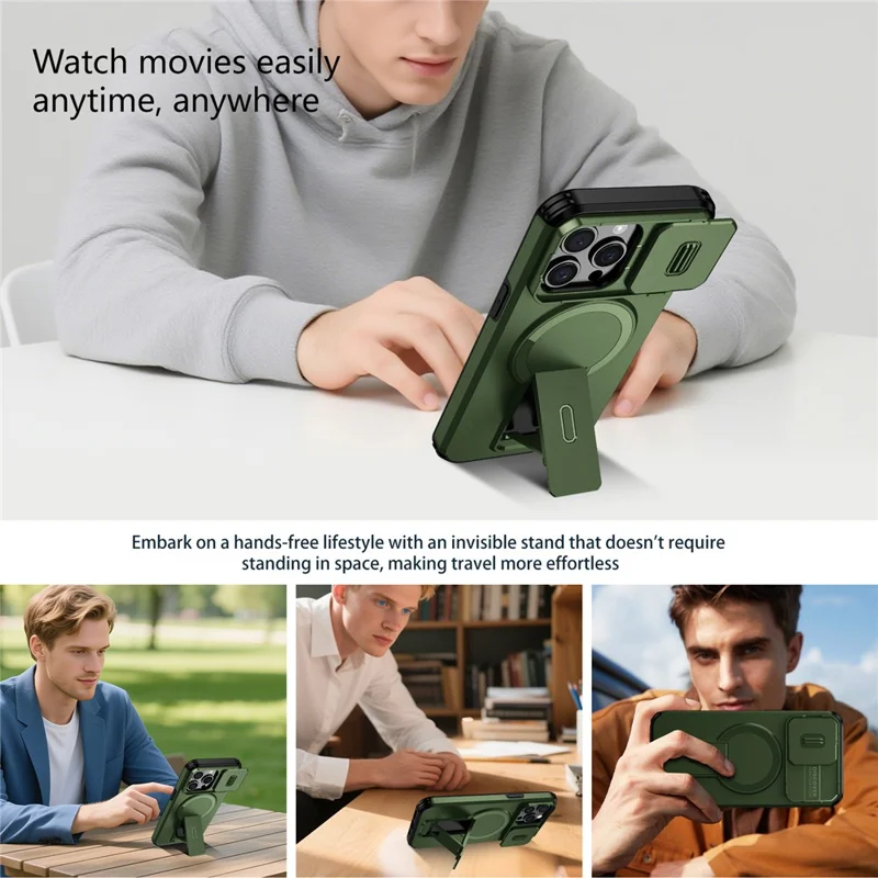 For iPhone 15 Pro Case Kickstand Camera Slider PC + TPU Phone Cover Compatible with MagSafe - Green