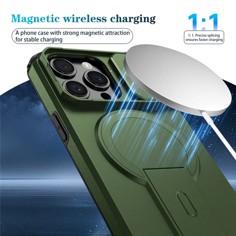 For iPhone 15 Pro Case Kickstand Camera Slider PC + TPU Phone Cover Compatible with MagSafe - Green