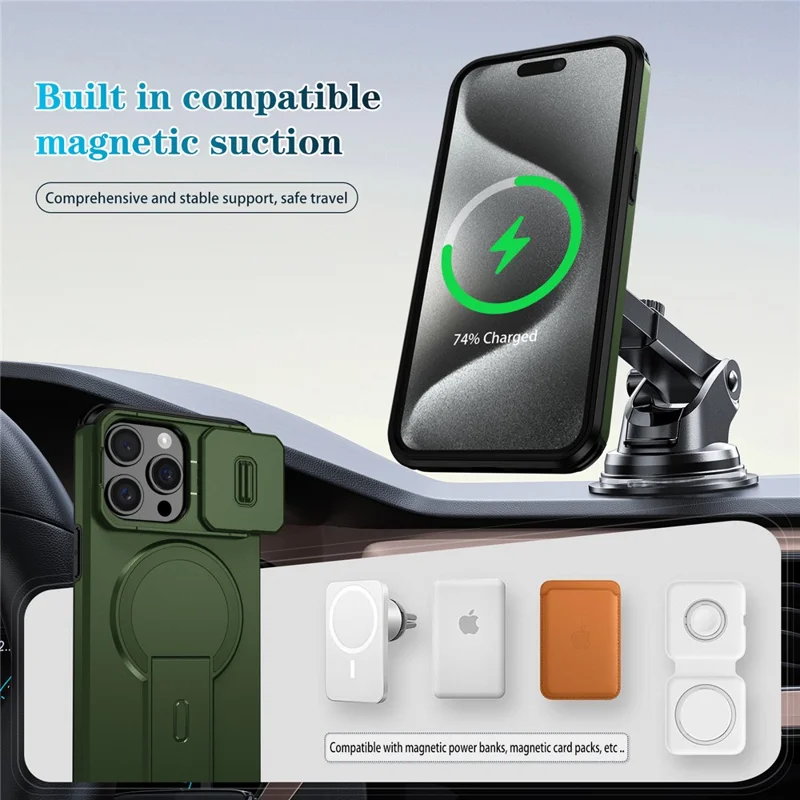 For iPhone 15 Pro Case Kickstand Camera Slider PC + TPU Phone Cover Compatible with MagSafe - Green