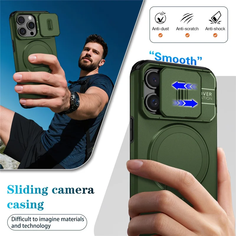 For iPhone 15 Pro Case Kickstand Camera Slider PC + TPU Phone Cover Compatible with MagSafe - Green