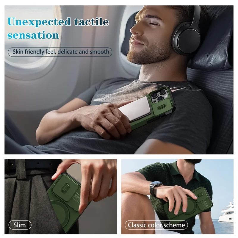 For iPhone 15 Pro Case Kickstand Camera Slider PC + TPU Phone Cover Compatible with MagSafe - Green