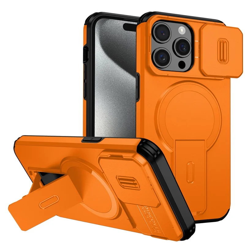For iPhone 15 Pro Max Case Kickstand Camera Slider PC + TPU Phone Cover Compatible with MagSafe - Orange