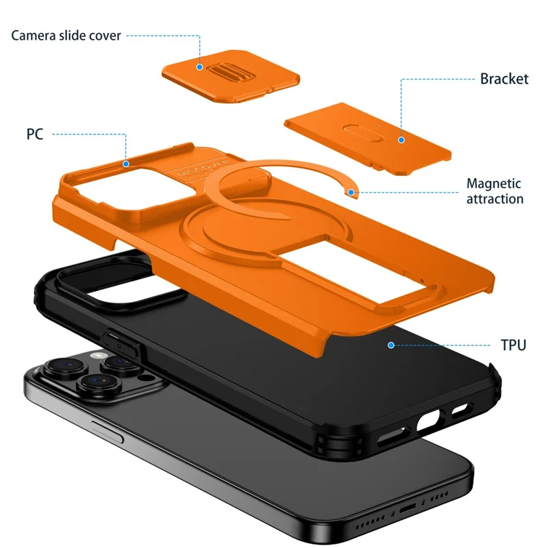 For iPhone 15 Pro Max Case Kickstand Camera Slider PC + TPU Phone Cover Compatible with MagSafe - Orange