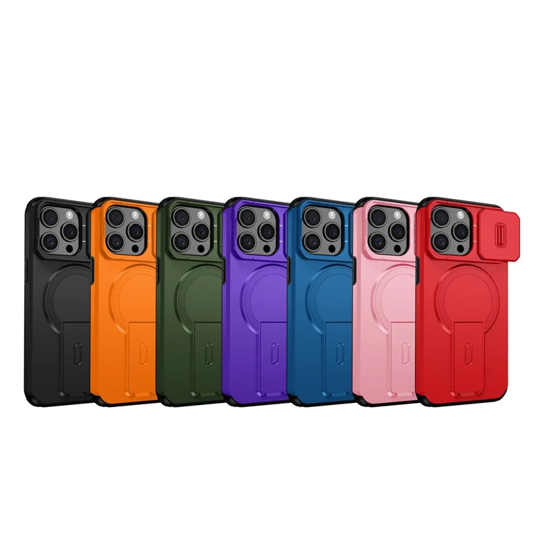 For iPhone 15 Pro Max Case Kickstand Camera Slider PC + TPU Phone Cover Compatible with MagSafe - Orange