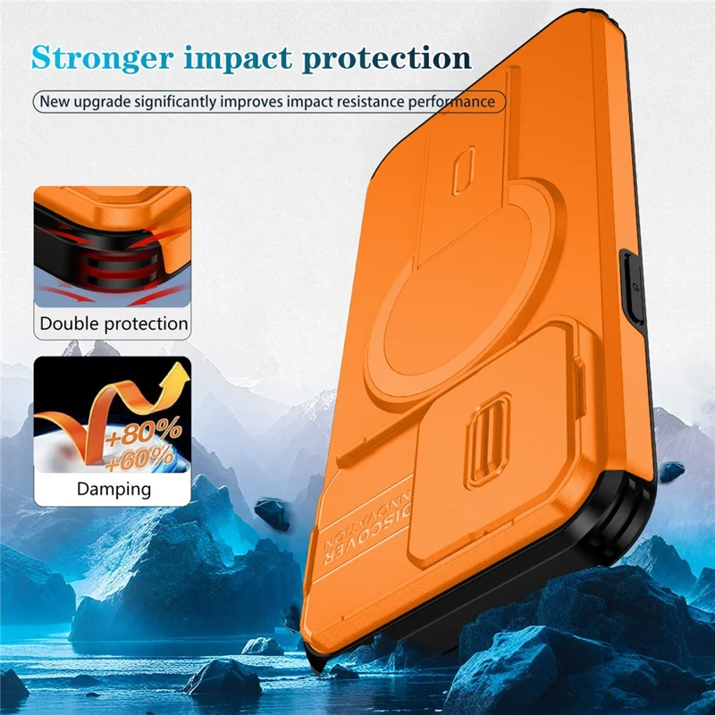 For iPhone 15 Pro Max Case Kickstand Camera Slider PC + TPU Phone Cover Compatible with MagSafe - Orange