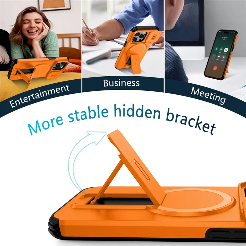 For iPhone 15 Pro Max Case Kickstand Camera Slider PC + TPU Phone Cover Compatible with MagSafe - Orange