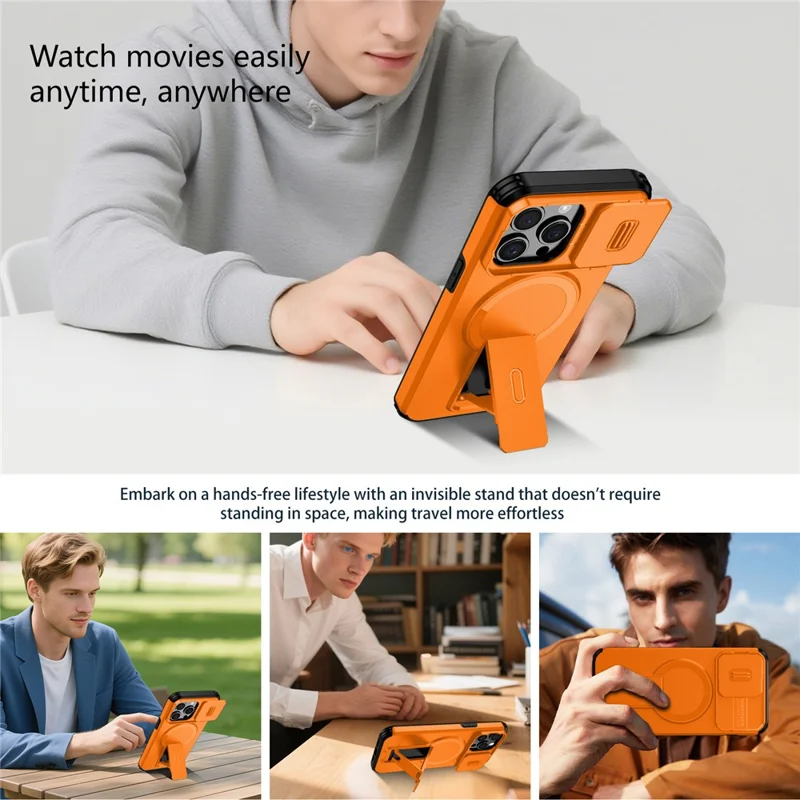 For iPhone 15 Pro Max Case Kickstand Camera Slider PC + TPU Phone Cover Compatible with MagSafe - Orange