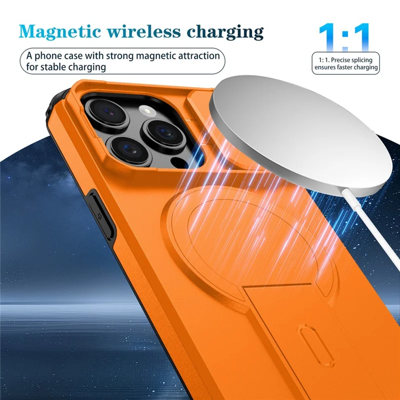 For iPhone 15 Pro Max Case Kickstand Camera Slider PC + TPU Phone Cover Compatible with MagSafe - Orange