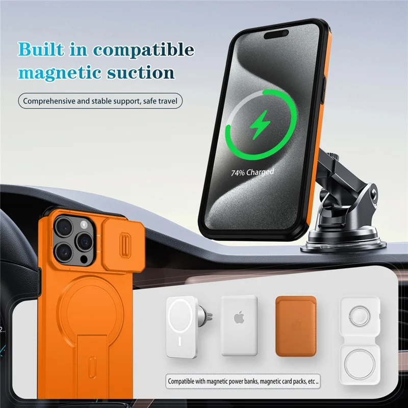 For iPhone 15 Pro Max Case Kickstand Camera Slider PC + TPU Phone Cover Compatible with MagSafe - Orange