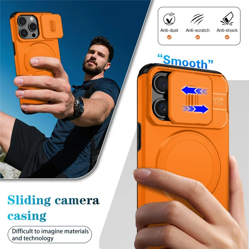 For iPhone 15 Pro Max Case Kickstand Camera Slider PC + TPU Phone Cover Compatible with MagSafe - Orange