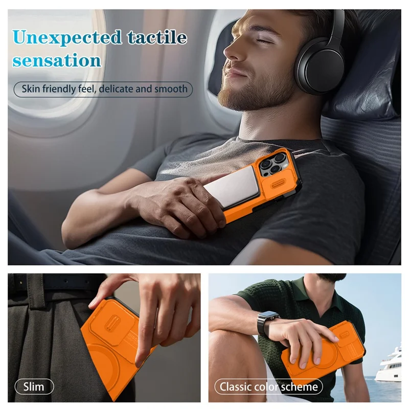 For iPhone 15 Pro Max Case Kickstand Camera Slider PC + TPU Phone Cover Compatible with MagSafe - Orange