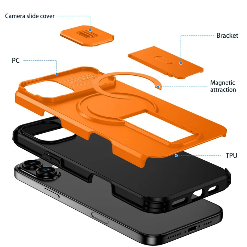 Obudowa na iPhone 16 Plus z podstawką i przesuwaną osłoną aparatu, pokrowiec PC + TPU z funkcją MagSafe - Pomarańczowy