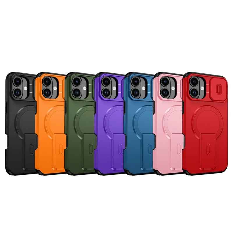 Obudowa na iPhone 16 Plus z podstawką i przesuwaną osłoną aparatu, pokrowiec PC + TPU z funkcją MagSafe - Pomarańczowy