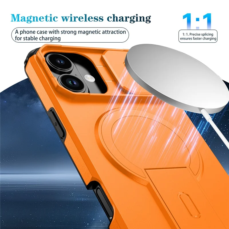 Obudowa na iPhone 16 Plus z podstawką i przesuwaną osłoną aparatu, pokrowiec PC + TPU z funkcją MagSafe - Pomarańczowy