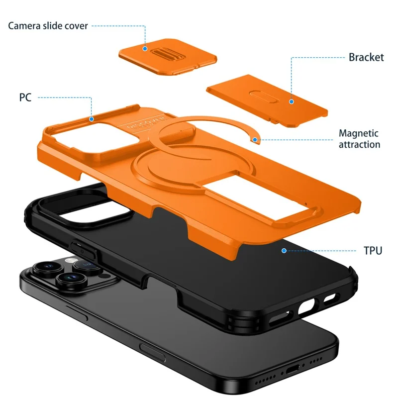 Capa com Suporte para iPhone 16 Pro Max, Slider de Câmera, PC + TPU, Compatível com MagSafe - Laranja