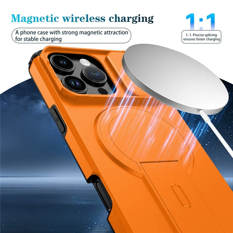 Capa com Suporte para iPhone 16 Pro Max, Slider de Câmera, PC + TPU, Compatível com MagSafe - Laranja