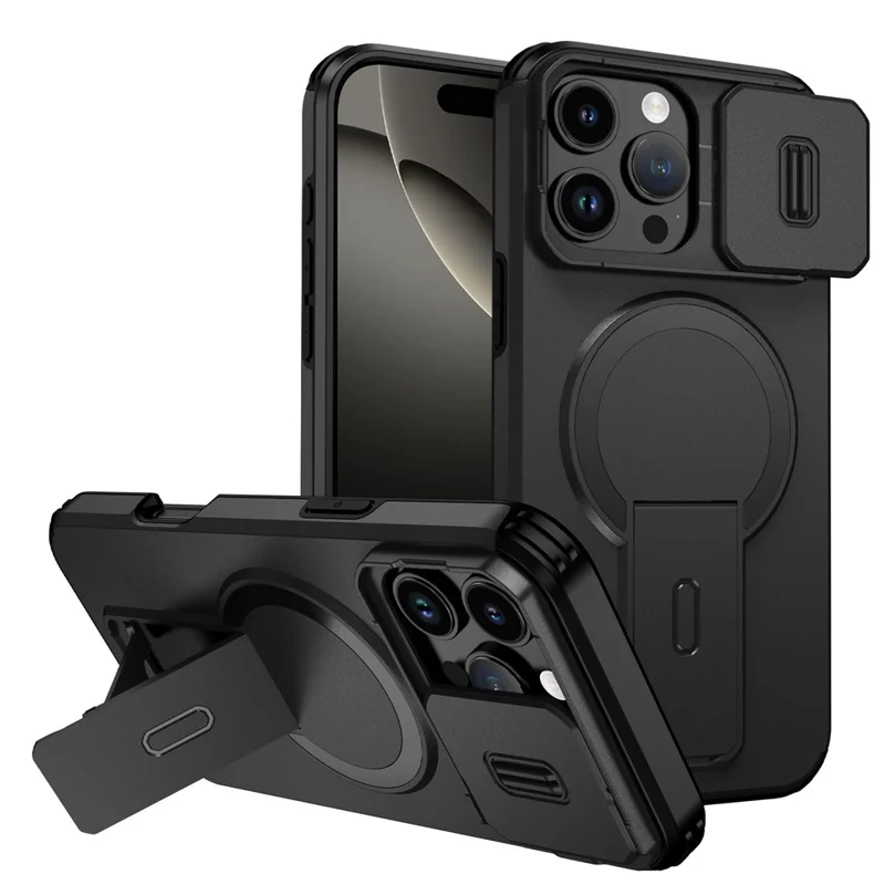 For iPhone 16 Pro Max Case Kickstand Camera Slider PC + TPU Phone Cover Compatible with MagSafe - Black