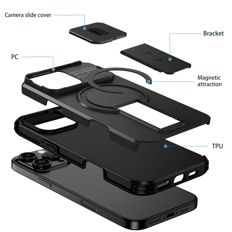 For iPhone 16 Pro Max Case Kickstand Camera Slider PC + TPU Phone Cover Compatible with MagSafe - Black