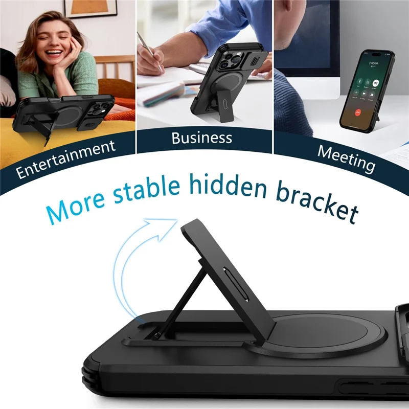 For iPhone 16 Pro Max Case Kickstand Camera Slider PC + TPU Phone Cover Compatible with MagSafe - Black