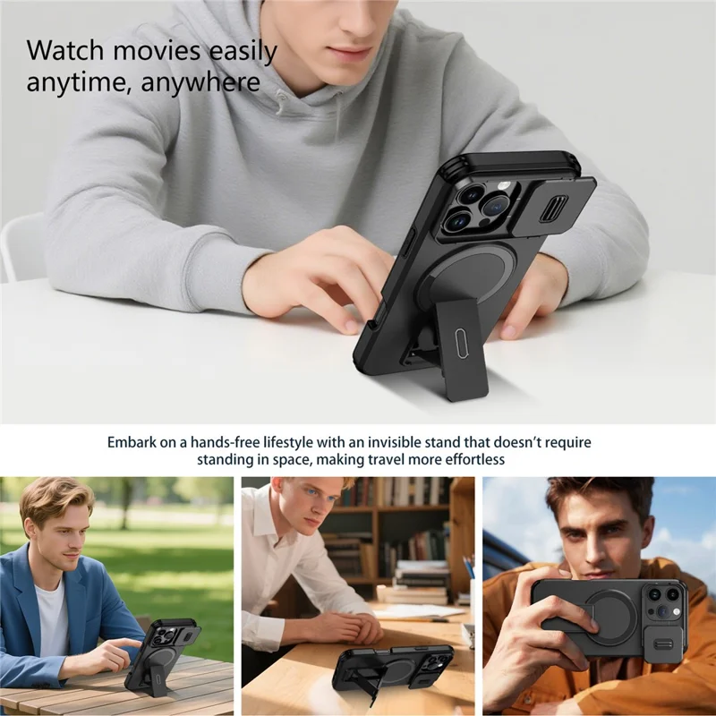For iPhone 16 Pro Max Case Kickstand Camera Slider PC + TPU Phone Cover Compatible with MagSafe - Black