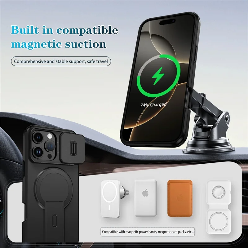 For iPhone 16 Pro Max Case Kickstand Camera Slider PC + TPU Phone Cover Compatible with MagSafe - Black