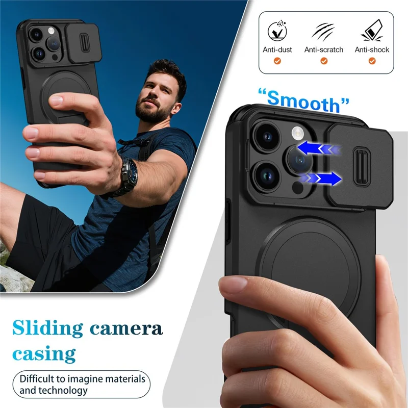 For iPhone 16 Pro Max Case Kickstand Camera Slider PC + TPU Phone Cover Compatible with MagSafe - Black