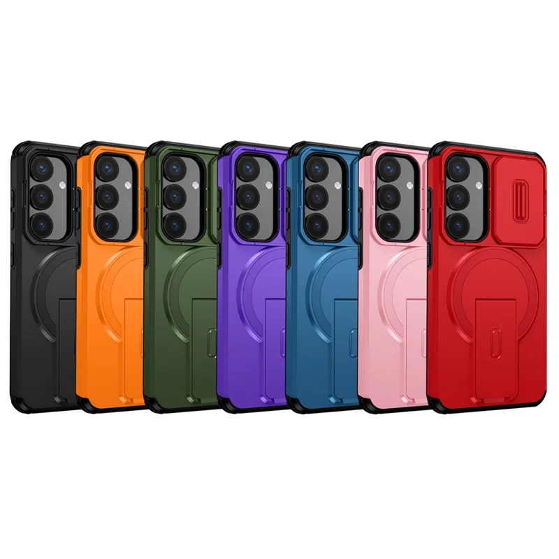 Чехол для Samsung Galaxy S25 / S24 с подставкой, слайдером камеры, ПК + TPU, совместимый с MagSafe - оранжевый