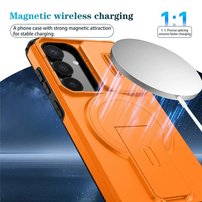 Чехол для Samsung Galaxy S25 / S24 с подставкой, слайдером камеры, ПК + TPU, совместимый с MagSafe - оранжевый