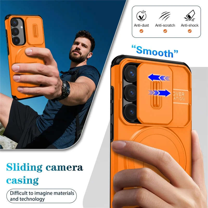 Чехол для Samsung Galaxy S25 / S24 с подставкой, слайдером камеры, ПК + TPU, совместимый с MagSafe - оранжевый