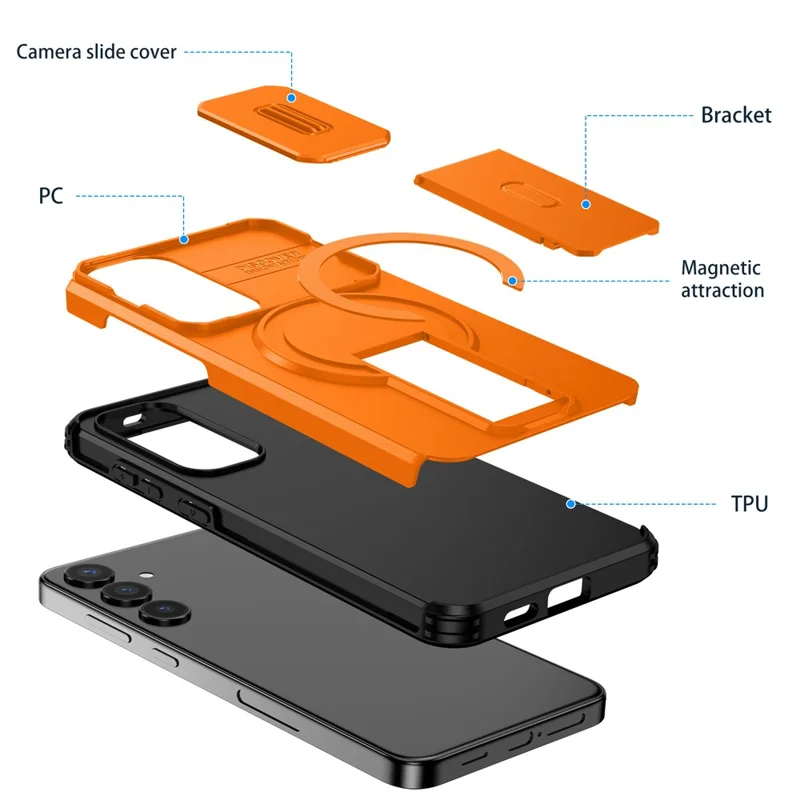 Étui pour Samsung Galaxy S25+ / S24+ Kickstand Caméra Curseur PC + Couverture de téléphone TPU Compatible avec MagSafe - Orange