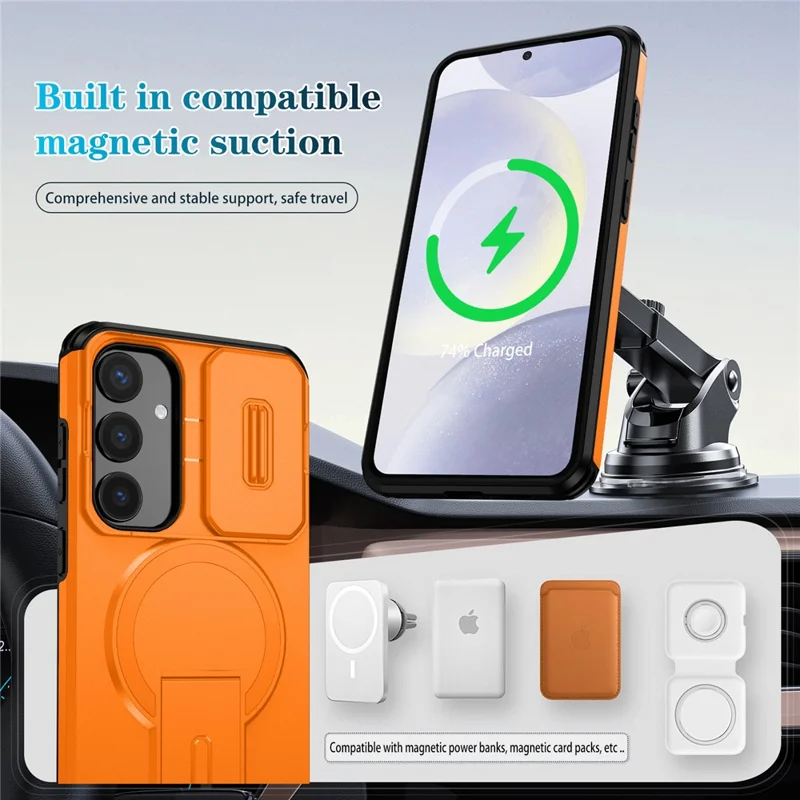 Étui pour Samsung Galaxy S25+ / S24+ Kickstand Caméra Curseur PC + Couverture de téléphone TPU Compatible avec MagSafe - Orange
