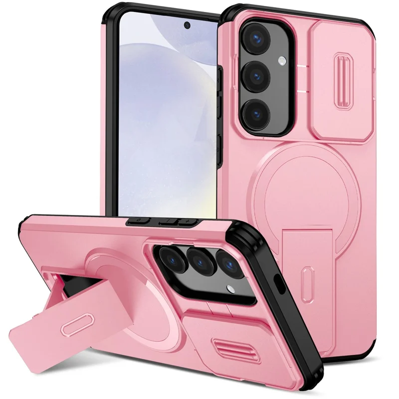 For Samsung Galaxy S25+ / S24+ Case Kickstand Camera Slider PC + TPU Phone Cover Magnetic Case - Pink