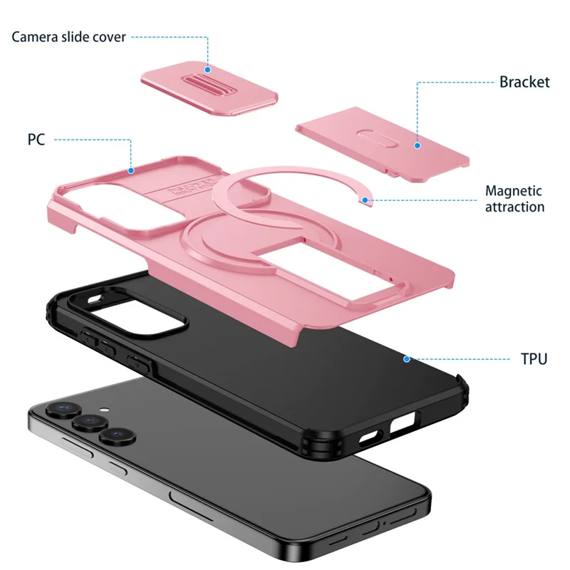 For Samsung Galaxy S25+ / S24+ Case Kickstand Camera Slider PC + TPU Phone Cover Magnetic Case - Pink
