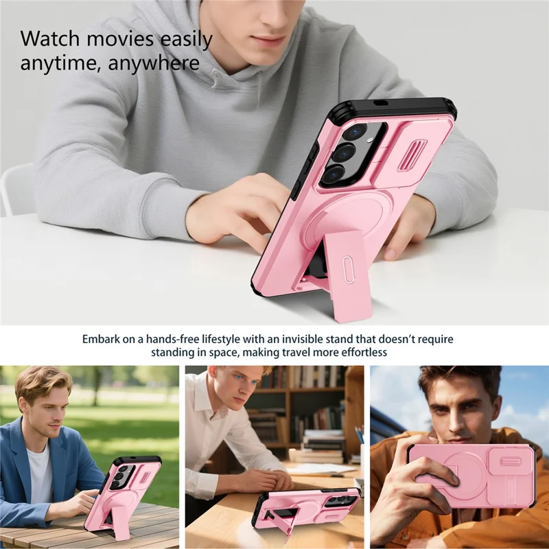For Samsung Galaxy S25+ / S24+ Case Kickstand Camera Slider PC + TPU Phone Cover Magnetic Case - Pink