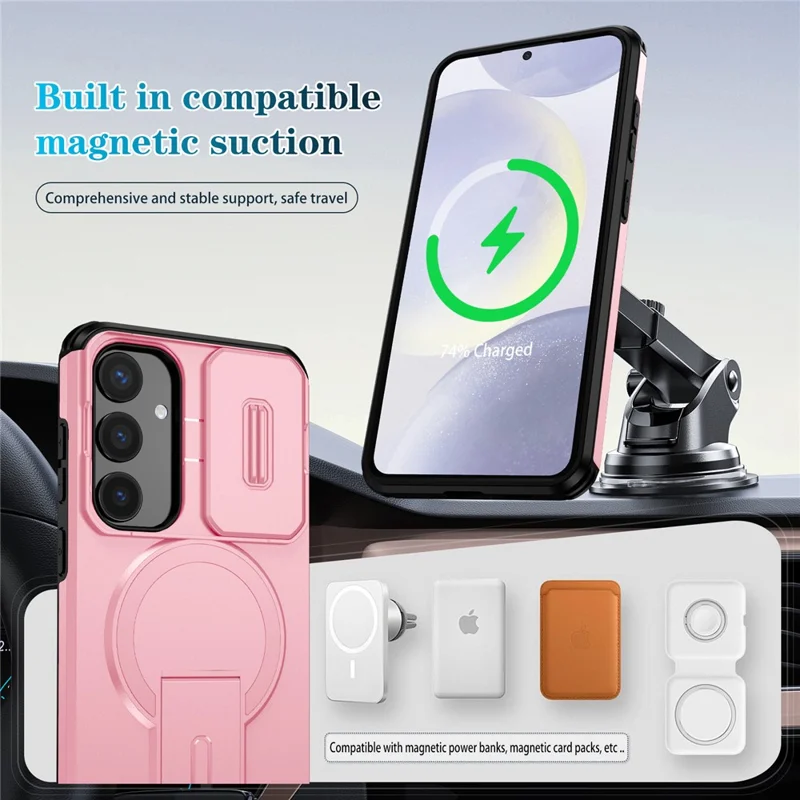 For Samsung Galaxy S25+ / S24+ Case Kickstand Camera Slider PC + TPU Phone Cover Magnetic Case - Pink