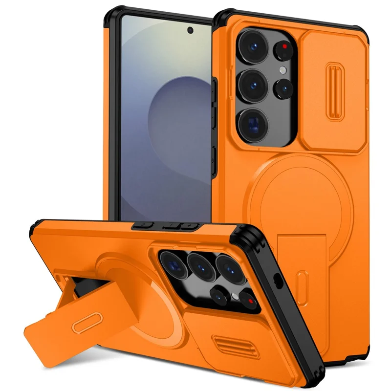 For Samsung Galaxy S25 Ultra Case Kickstand Camera Slider PC + TPU Phone Cover Magnetic Case - Orange