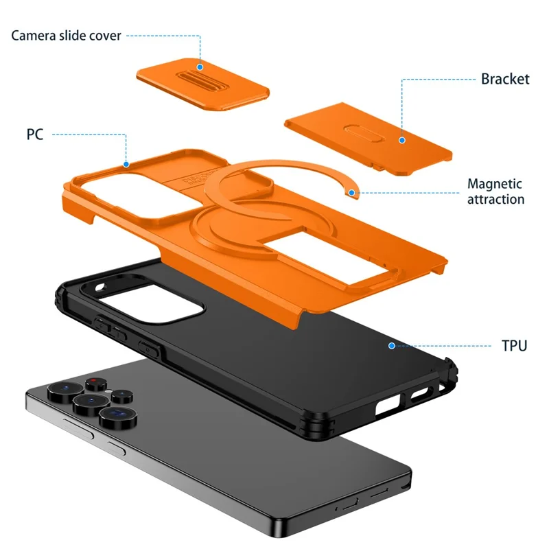 For Samsung Galaxy S25 Ultra Case Kickstand Camera Slider PC + TPU Phone Cover Magnetic Case - Orange