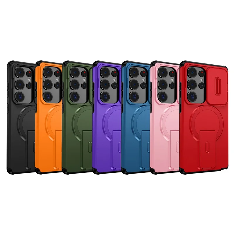 For Samsung Galaxy S25 Ultra Case Kickstand Camera Slider PC + TPU Phone Cover Magnetic Case - Orange