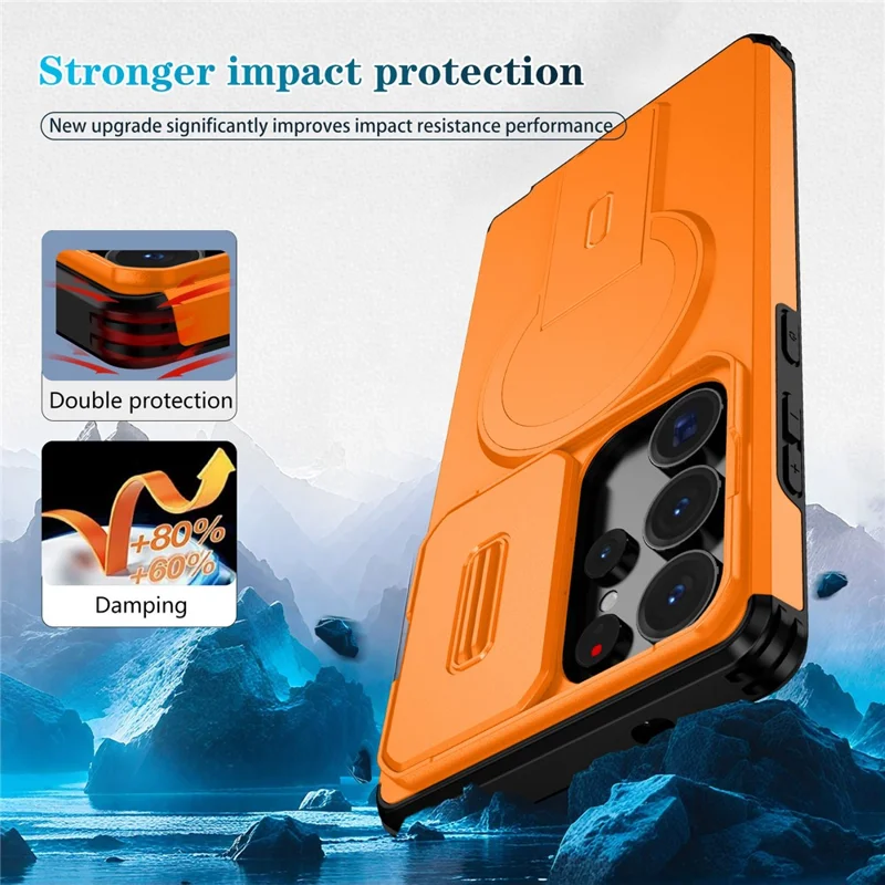 For Samsung Galaxy S25 Ultra Case Kickstand Camera Slider PC + TPU Phone Cover Magnetic Case - Orange