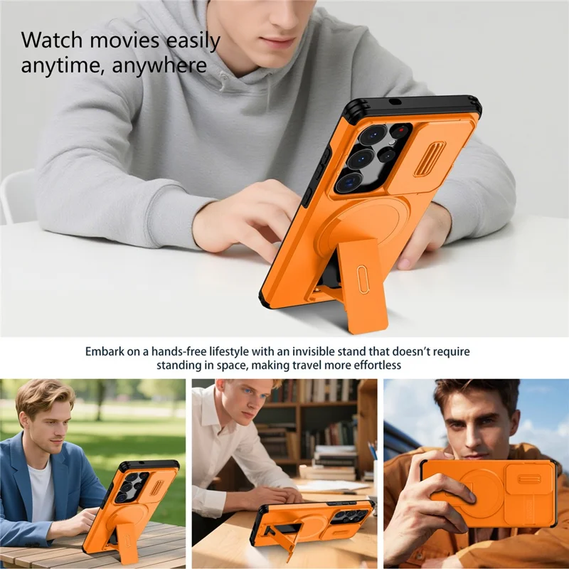 For Samsung Galaxy S25 Ultra Case Kickstand Camera Slider PC + TPU Phone Cover Magnetic Case - Orange