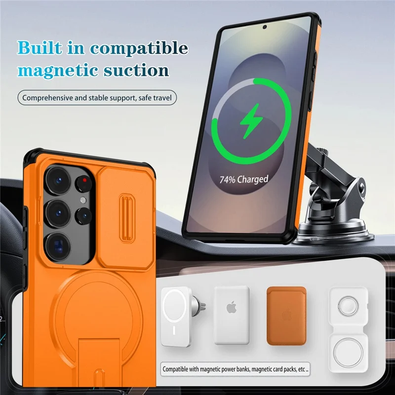 For Samsung Galaxy S25 Ultra Case Kickstand Camera Slider PC + TPU Phone Cover Magnetic Case - Orange