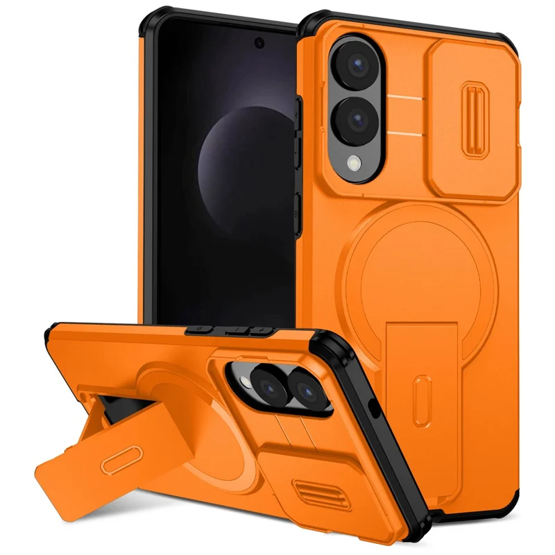 Cover magnetico con supporto e scorrevole per fotocamera per Samsung Galaxy S25 Edge, custodia in PC + TPU con supporto integrato - Arancione