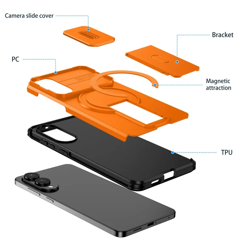 Cover magnetico con supporto e scorrevole per fotocamera per Samsung Galaxy S25 Edge, custodia in PC + TPU con supporto integrato - Arancione