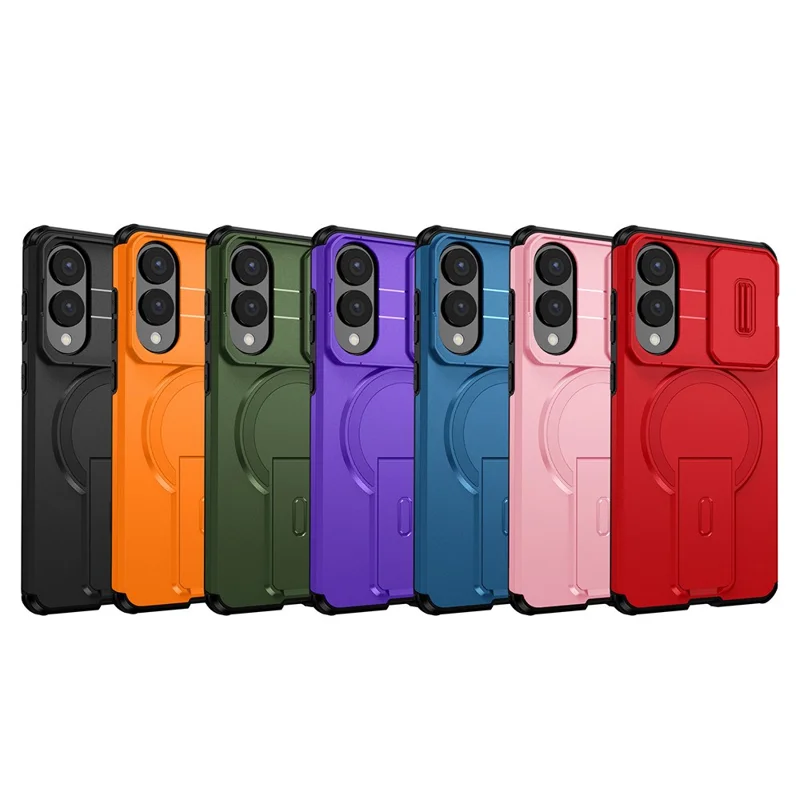 Cover magnetico con supporto e scorrevole per fotocamera per Samsung Galaxy S25 Edge, custodia in PC + TPU con supporto integrato - Arancione
