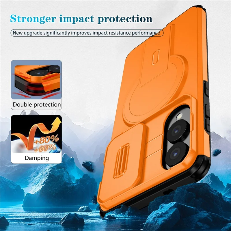 Cover magnetico con supporto e scorrevole per fotocamera per Samsung Galaxy S25 Edge, custodia in PC + TPU con supporto integrato - Arancione